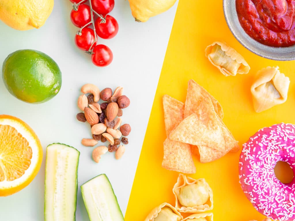 Image showing healthy, nutrient-rich foods and low-quality processed foods