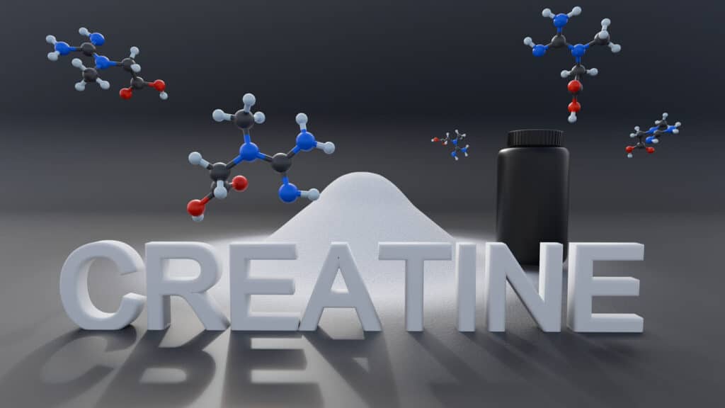 A pile of white powder and molecules of creatine.