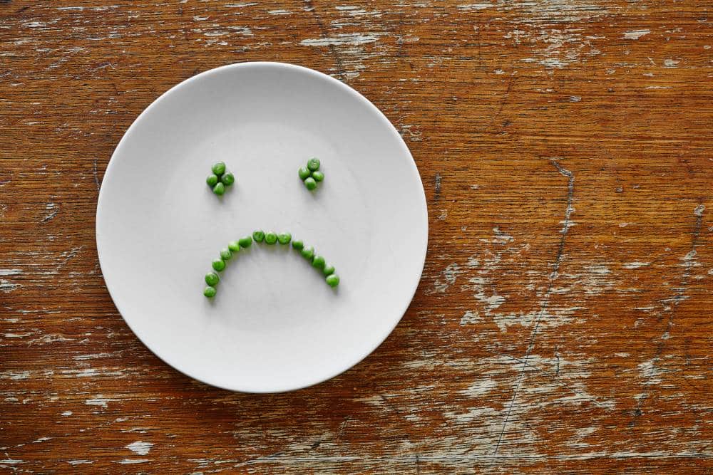 Plate of peas making a sad face